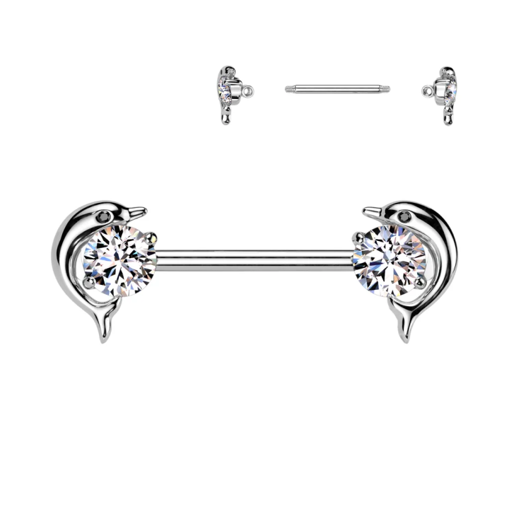 Piercing téton en acier dauphins zircons blancs