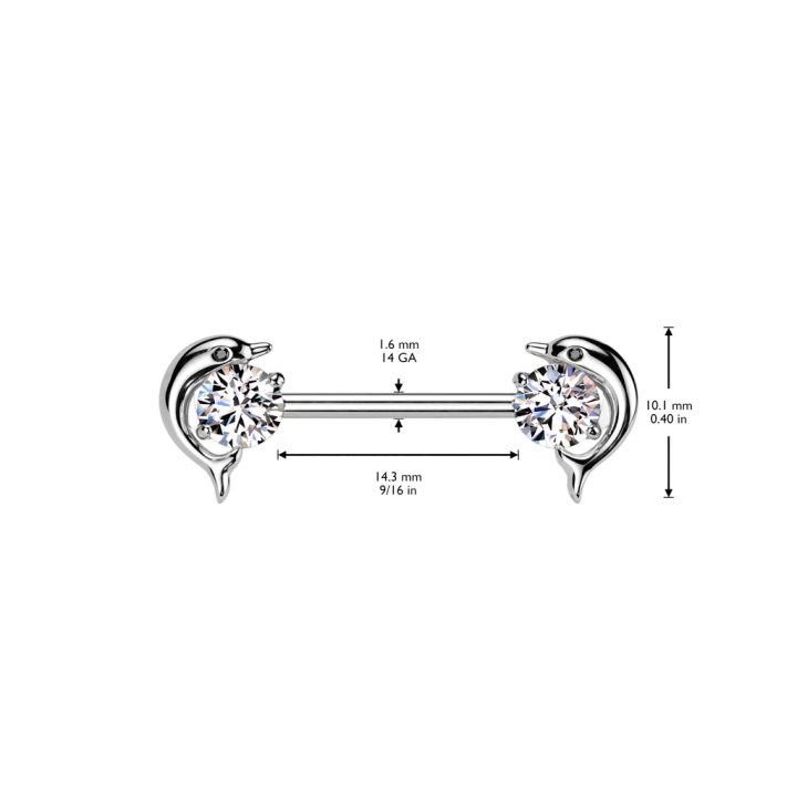 Piercing téton en acier dauphins zircons blancs