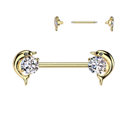 Piercing téton en acier doré dauphins zircons blancs