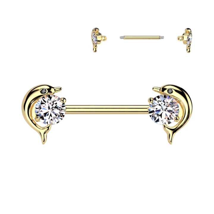 Piercing téton en acier doré dauphins zircons blancs