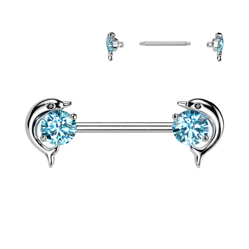 Piercing téton en acier dauphins zircons turquoises