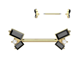 Piercing téton en acier doré zircons baguettes noirs et perles