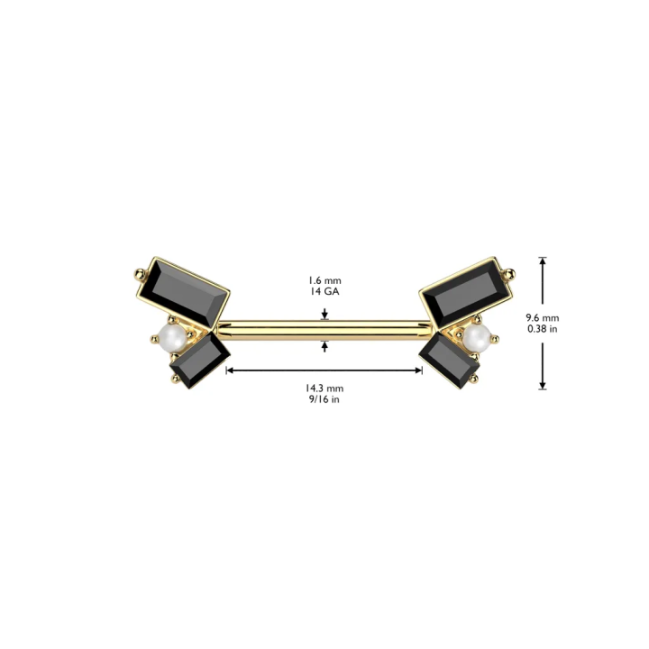 Piercing téton en acier doré zircons baguettes noirs et perles