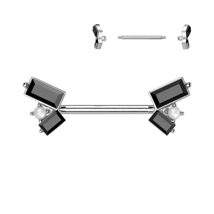 Piercing téton en acier zircons baguettes noirs et perles