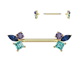 Piercing téton en acier doré zircons multi-formes