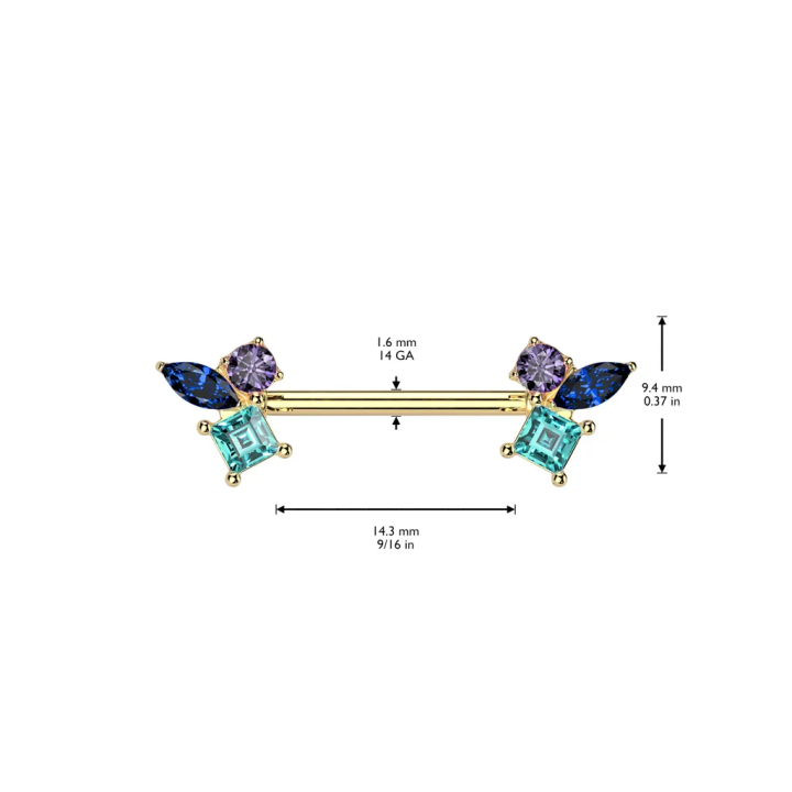 Piercing téton en acier doré zircons multi-formes