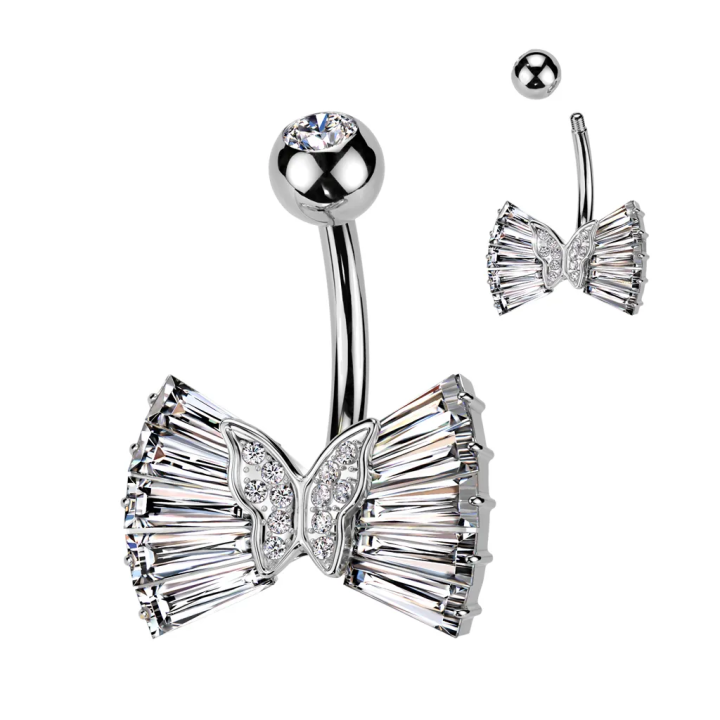 Piercing nombril ruban avec papillon et zirconiums
