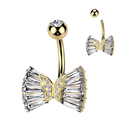 Piercing nombril plaqué or ruban avec papillon et zirconiums