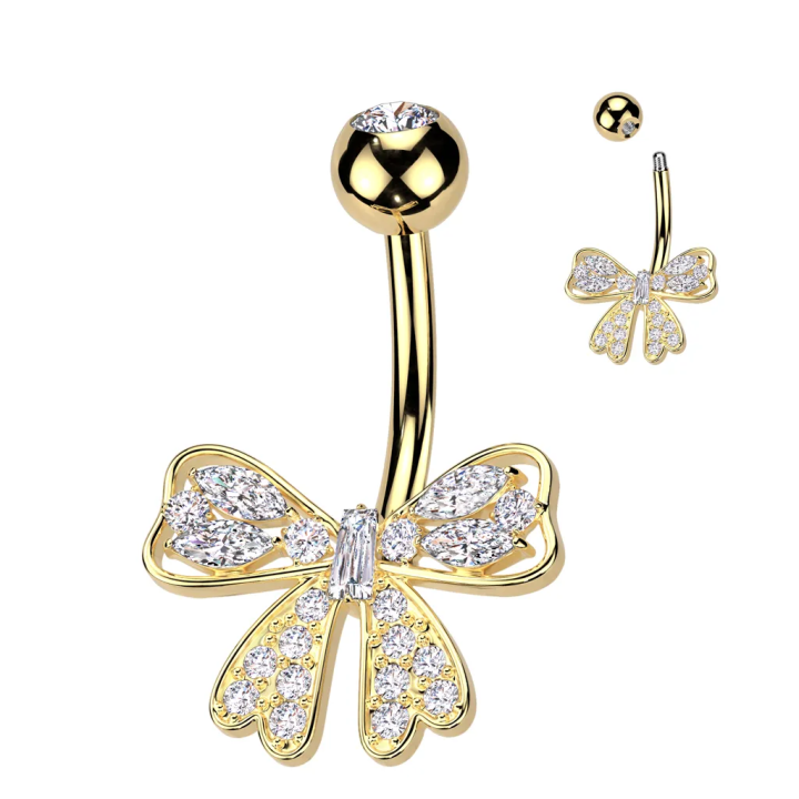 Piercing nombril plaqué or nœud de ruban zirconiums