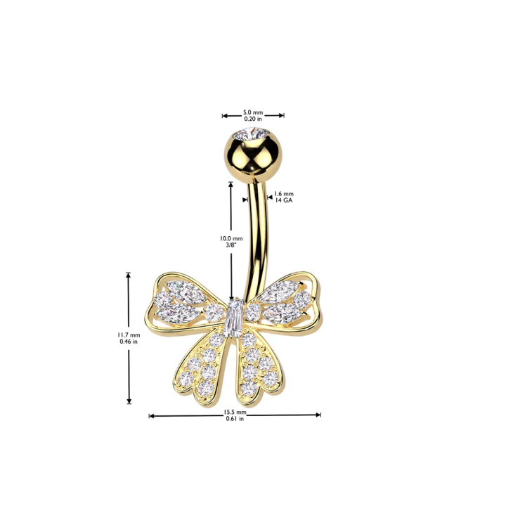 Piercing nombril plaqué or nœud de ruban zirconiums