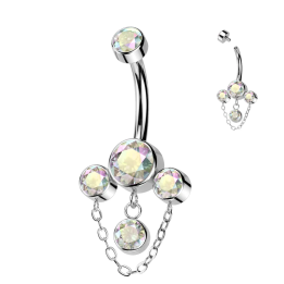 Piercing nombril en titane 4 zircons aurore boréale et chaine