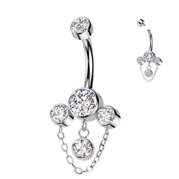 Piercing nombril en titane 4 zircons blancs et chaine
