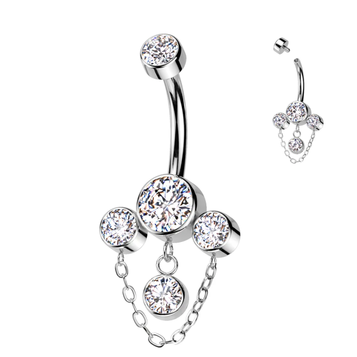 Piercing nombril en titane 4 zircons blancs et chaine