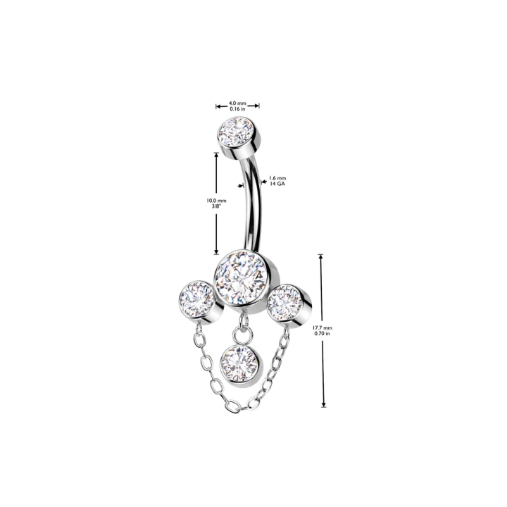 Piercing nombril en titane 4 zircons blancs et chaine