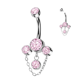 Piercing nombril en titane 4 zircons roses et chaine
