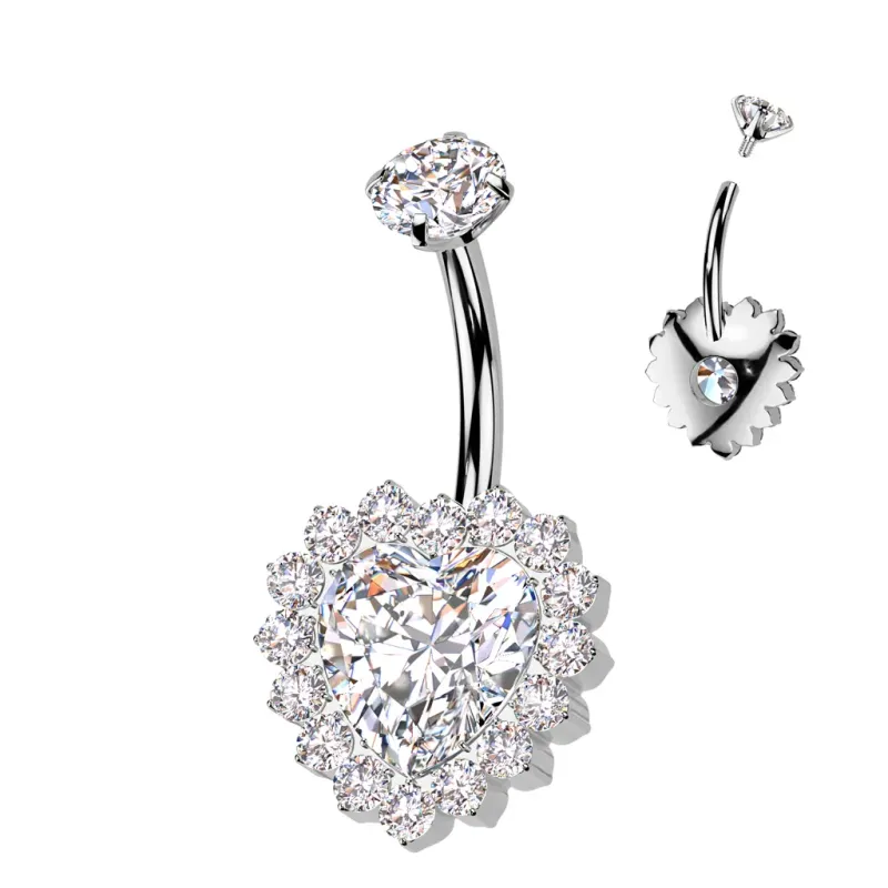 Piercing nombril en titane coeur blanc pavé de strass