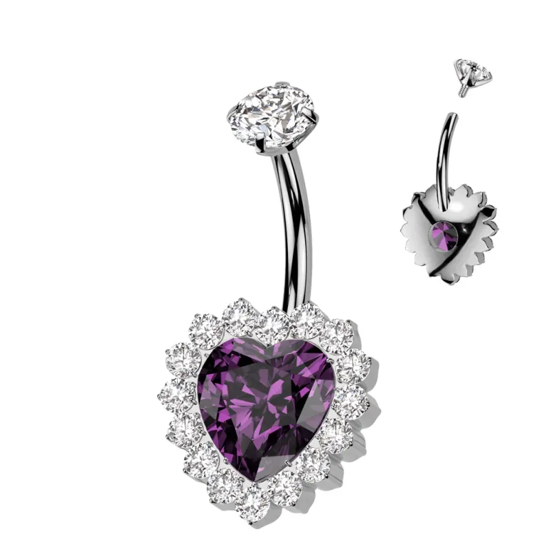Piercing nombril en titane coeur violet pavé de strass