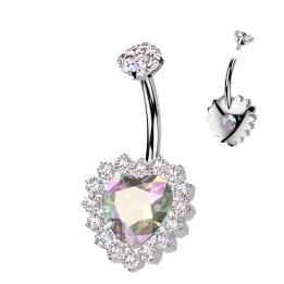 Piercing nombril en titane coeur aurore boréale pavé de strass
