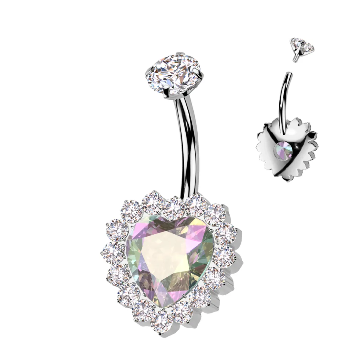 Piercing nombril en titane coeur aurore boréale pavé de strass