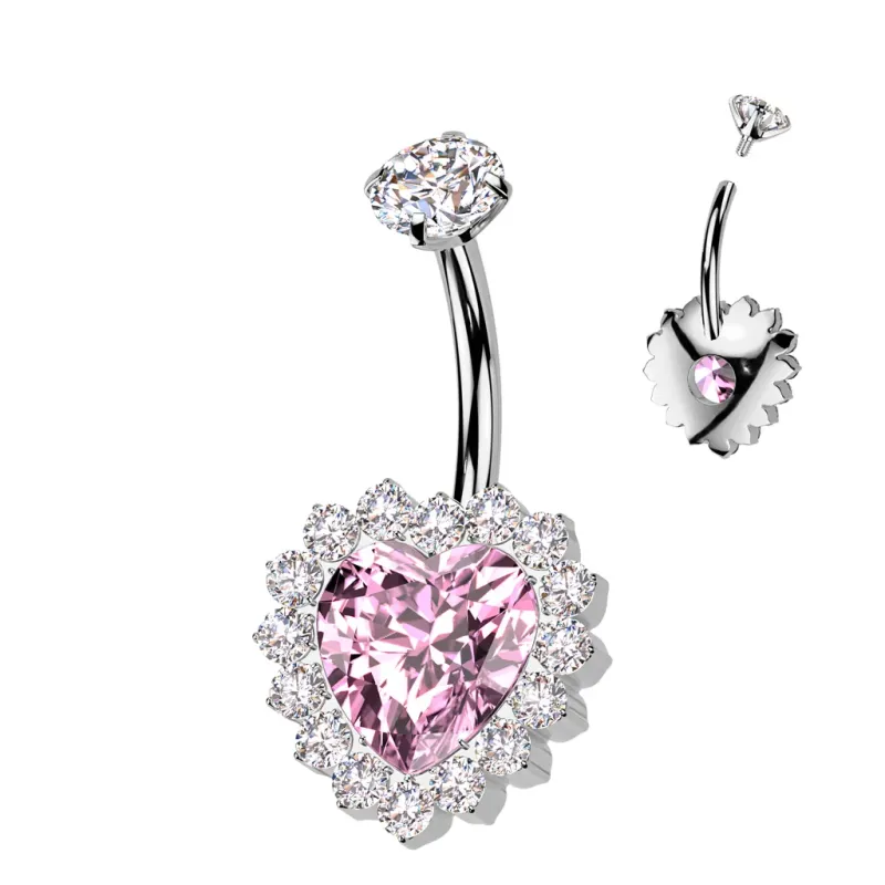 Piercing nombril en titane coeur rose pavé de strass