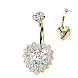 Piercing nombril en titane doré coeur blanc pavé de strass
