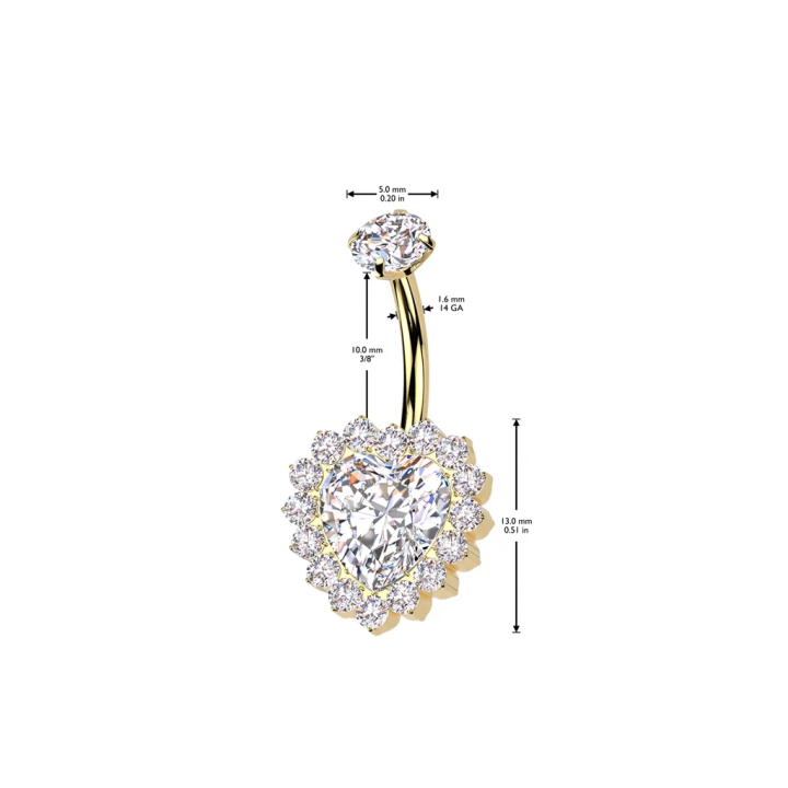 Piercing nombril en titane doré coeur blanc pavé de strass