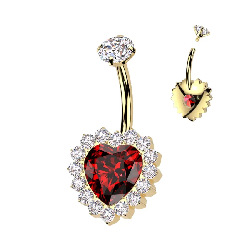 Piercing nombril en titane doré coeur rouge pavé de strass