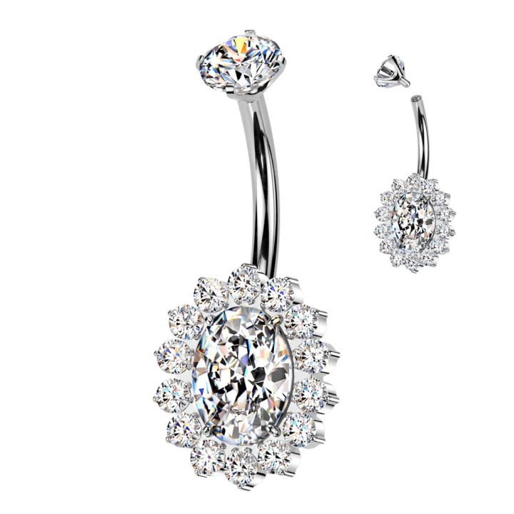 Piercing nombril en titane ovale blanc pavé de strass