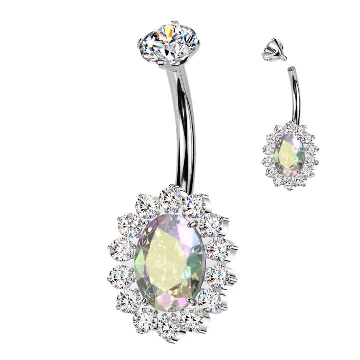 Piercing nombril en titane ovale aurore boréale pavé de strass