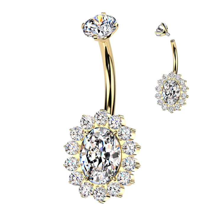 Piercing nombril en titane doré ovale blanc pavé de strass