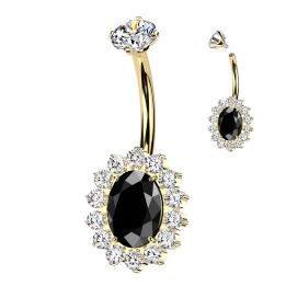 Piercing nombril en titane doré ovale noir pavé de strass