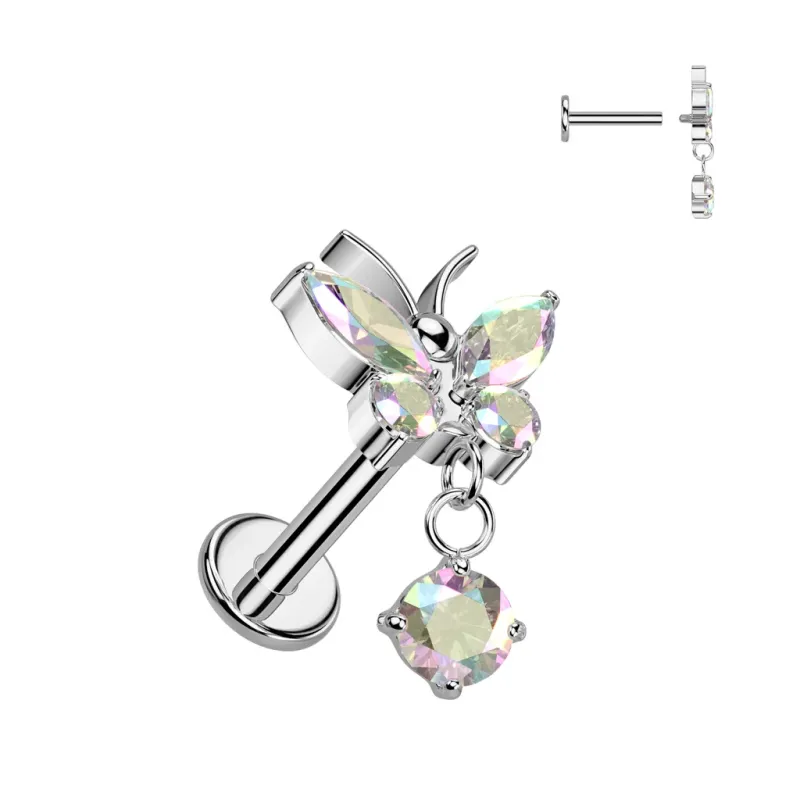 Piercing oreille en titane papillon pendentif strass aurore boréale