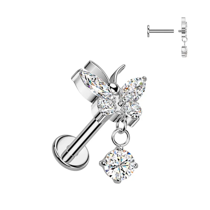 Piercing oreille en titane papillon pendentif strass blanc