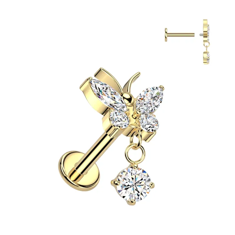 Piercing oreille en titane doré papillon pendentif strass blanc
