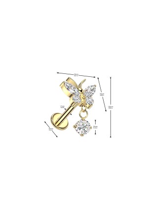 Piercing oreille en titane doré papillon pendentif strass blanc