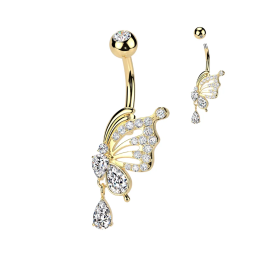 Piercing nombril plaqué or papillon aile pavée