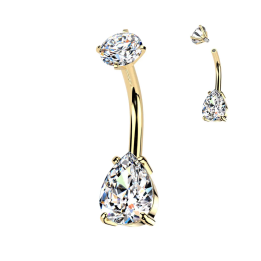 Piercing nombril doré double zirconium larme blanche