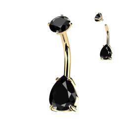 Piercing nombril doré double zirconium larme noire