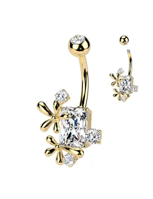 Piercing nombril rectangle avec fleur de vigne en plaqué or