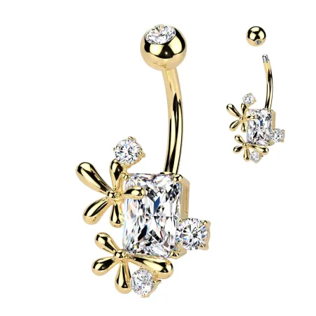 Piercing nombril rectangle avec fleur de vigne en plaqué or