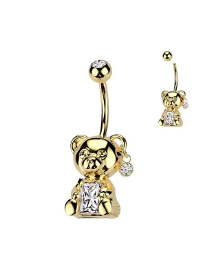 Piercing nombril ourson avec zirconium rectangle en plaqué or