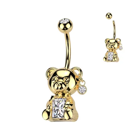Piercing nombril ourson avec zirconium rectangle en plaqué or