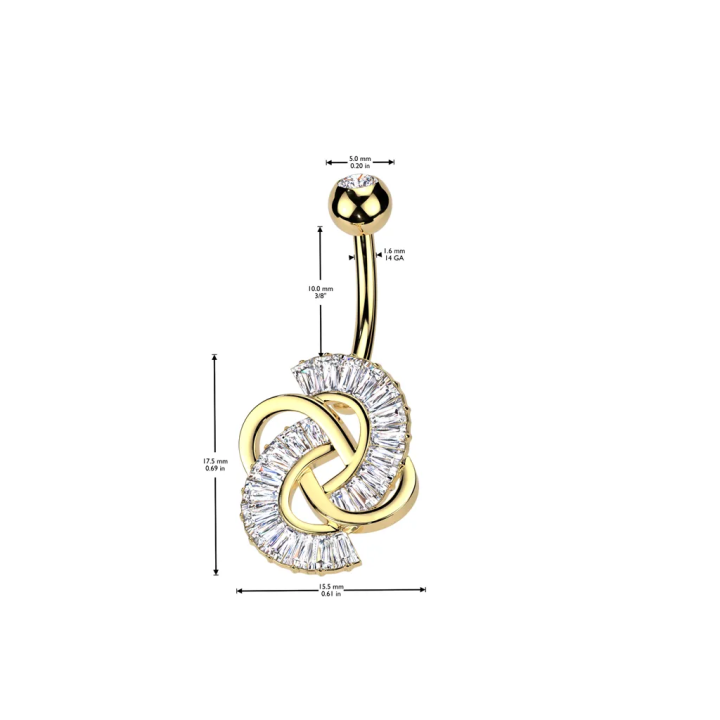 Piercing nombril noeuds avec zirconium baguettes en plaqué or