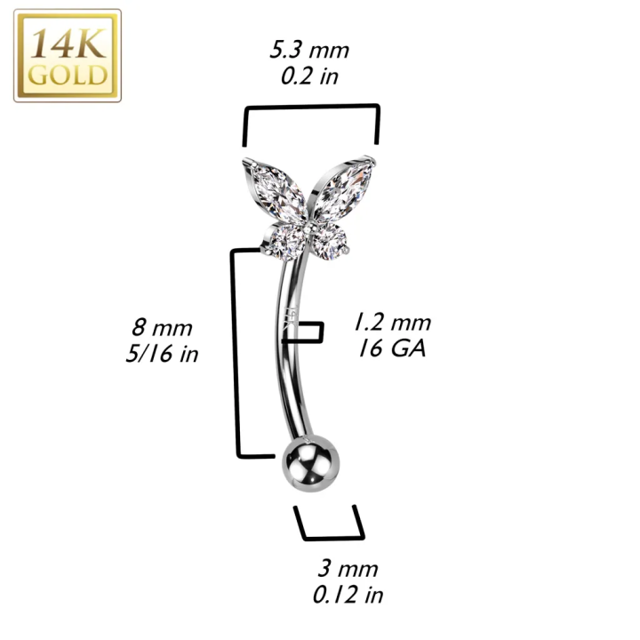 Piercing arcade en or blanc 14 carats papillon serti de zircons