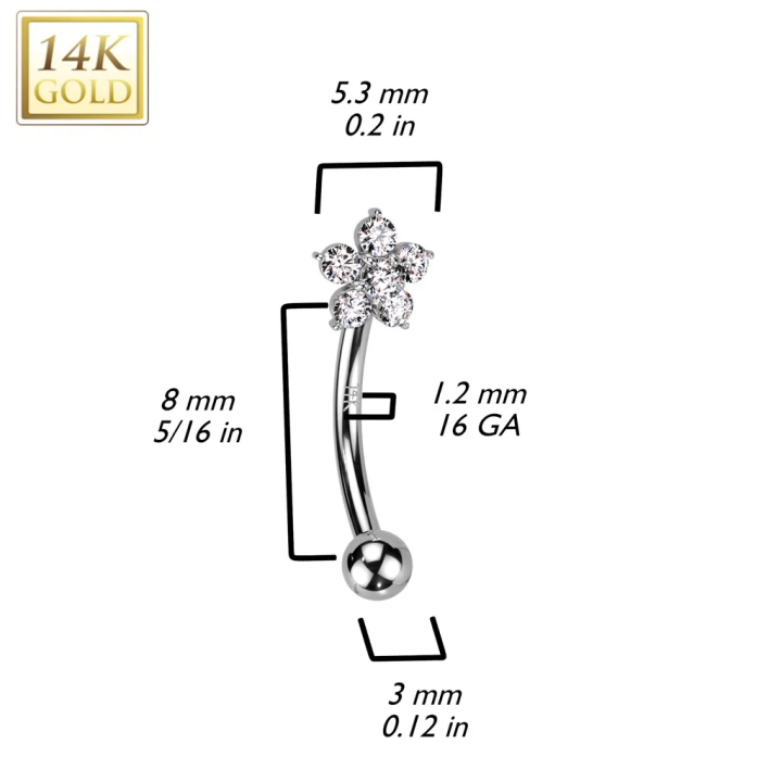 Piercing arcade en or blanc 14 carats fleur sertie de zircons