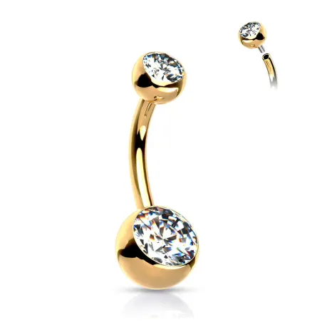 Piercing nombril en titane ASTM F136 doré avec boules serties de zircons blanc