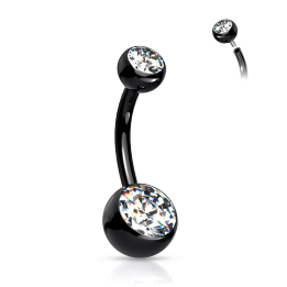 Piercing nombril en titane ASTM F136 noir avec boules serties de zircons blanc