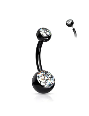 Piercing nombril en titane ASTM F136 noir avec boules serties de zircons blanc