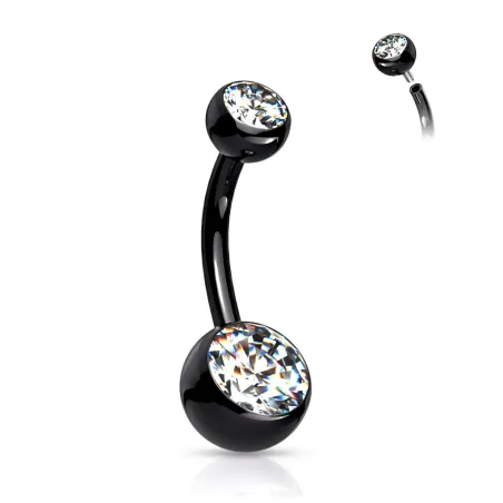 Piercing nombril en titane ASTM F136 noir avec boules serties de zircons blanc
