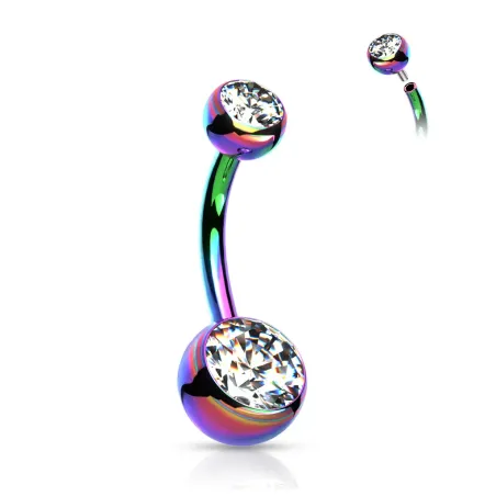 Piercing nombril en titane ASTM F136 multicolore avec boules serties de zircons blanc